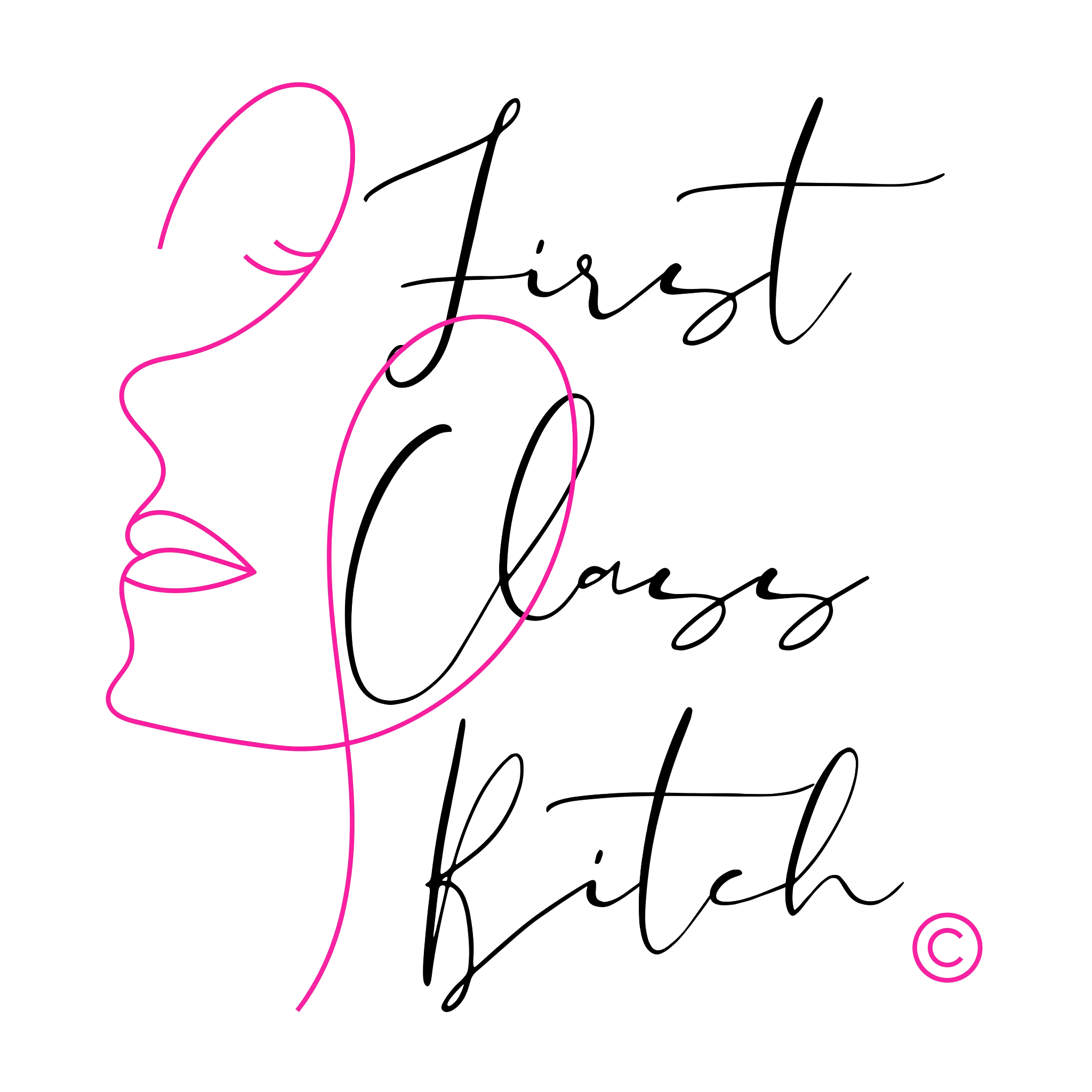 First Class Bitch line-art logo: a woman’s profile in pink beside the brand script
